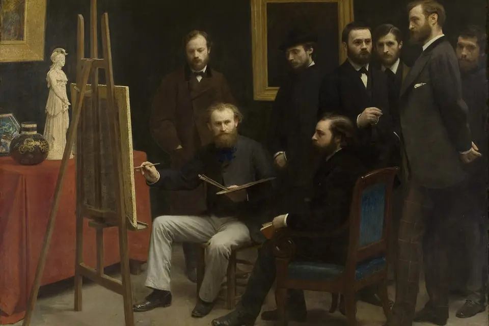 Peinture d'un groupe d'hommes en costume sombre réunis dans un atelier autour d'un peintre assis devant son chevalet