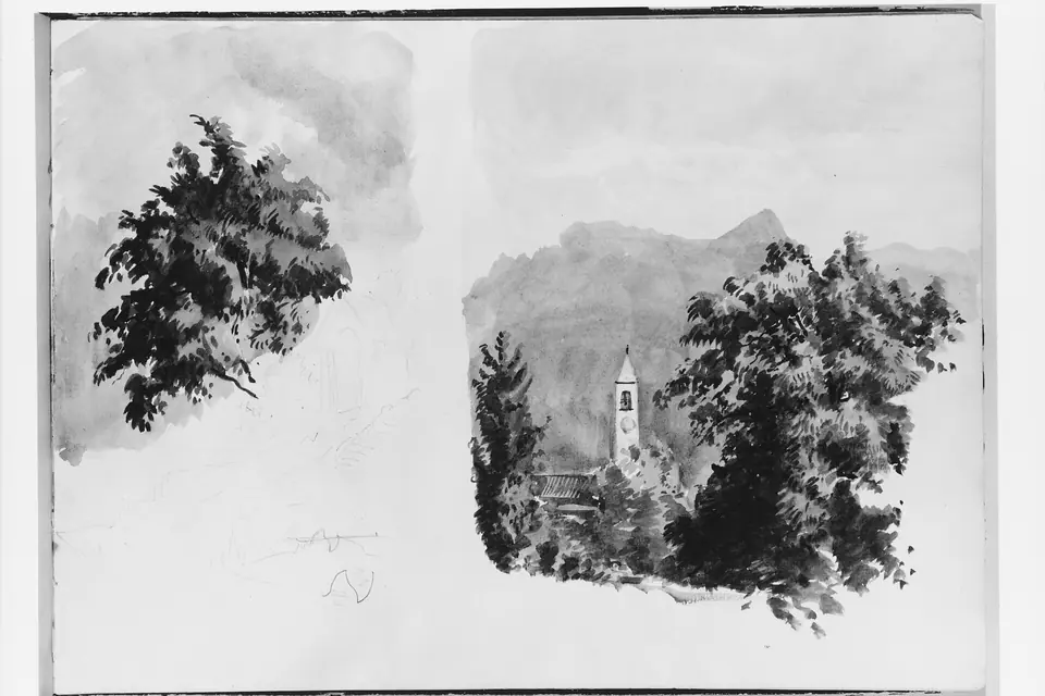 Page de carnet ancien avec deux croquis au lavis gris : un bouquet d'arbres et un paysage de village avec un clocher