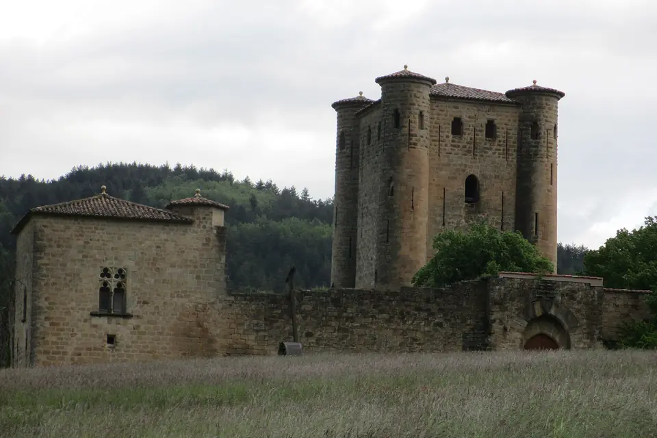 Un haut donjon carré flanqué de tourelles rondes aux angles, derrière une enceinte basse et un logis de pierre, au milieu d'une prairie