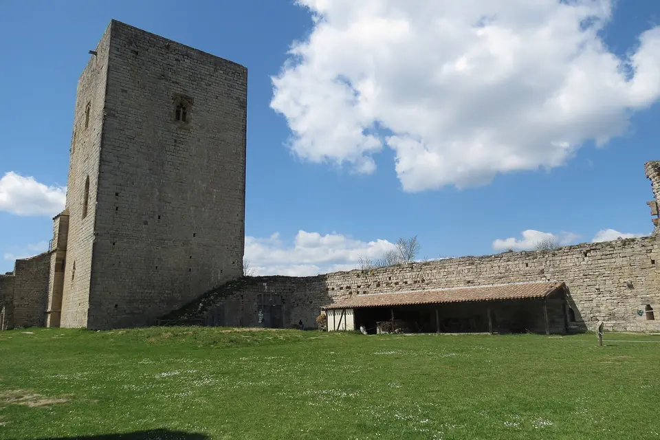 Un grand donjon carré en pierre et une longue courtine crénelée bordant une vaste cour herbeuse, sous un ciel nuageux