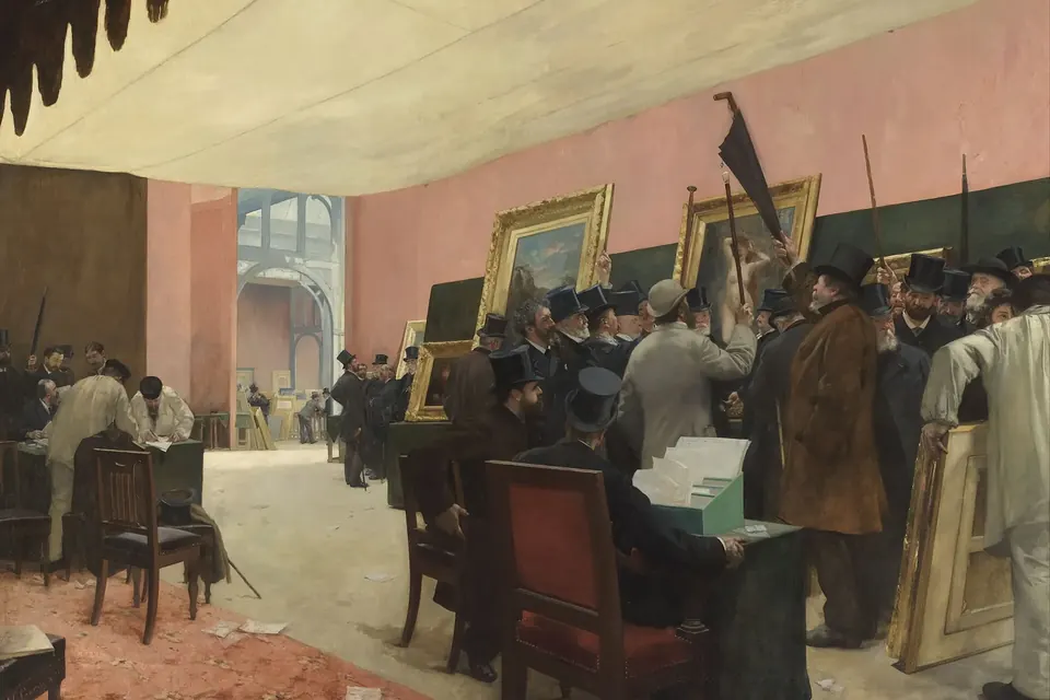 Tableau montrant un groupe d'hommes en redingote et chapeau haut-de-forme examinant des toiles alignées dans une grande salle, l'un d'eux levant sa canne
